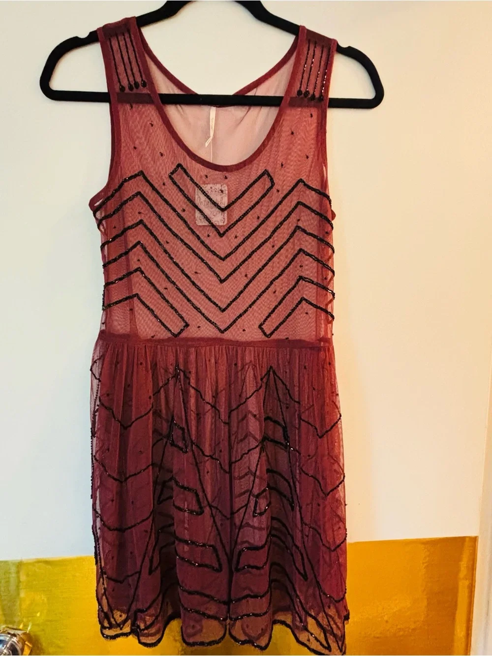 Free People Purple Mesh Mini Dress with Black Beaded Accents